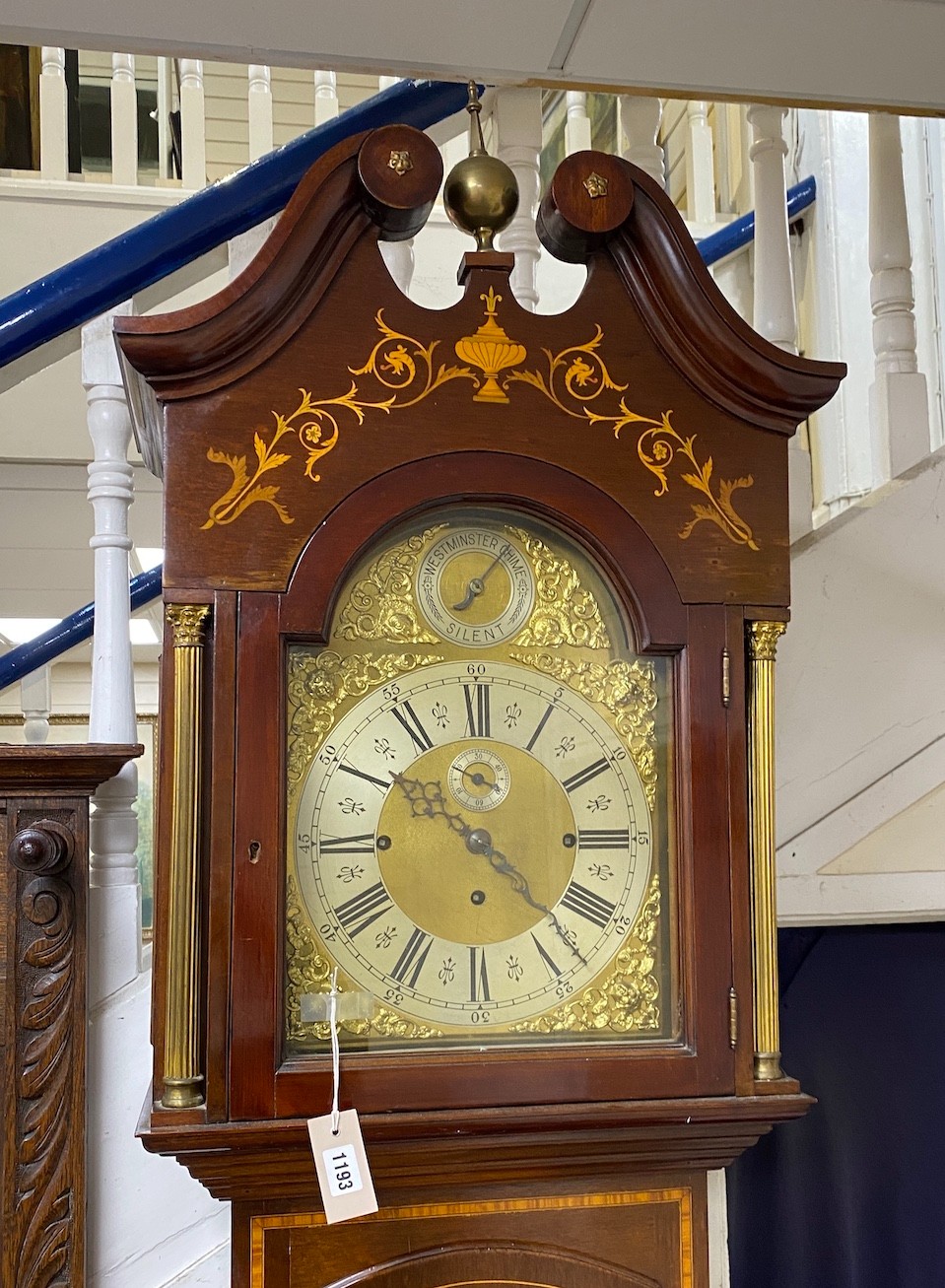 An Edwardian style satinwood banded marquetry inlaid mahogany Westminster chiming 8 day longcase clock, height 246cm